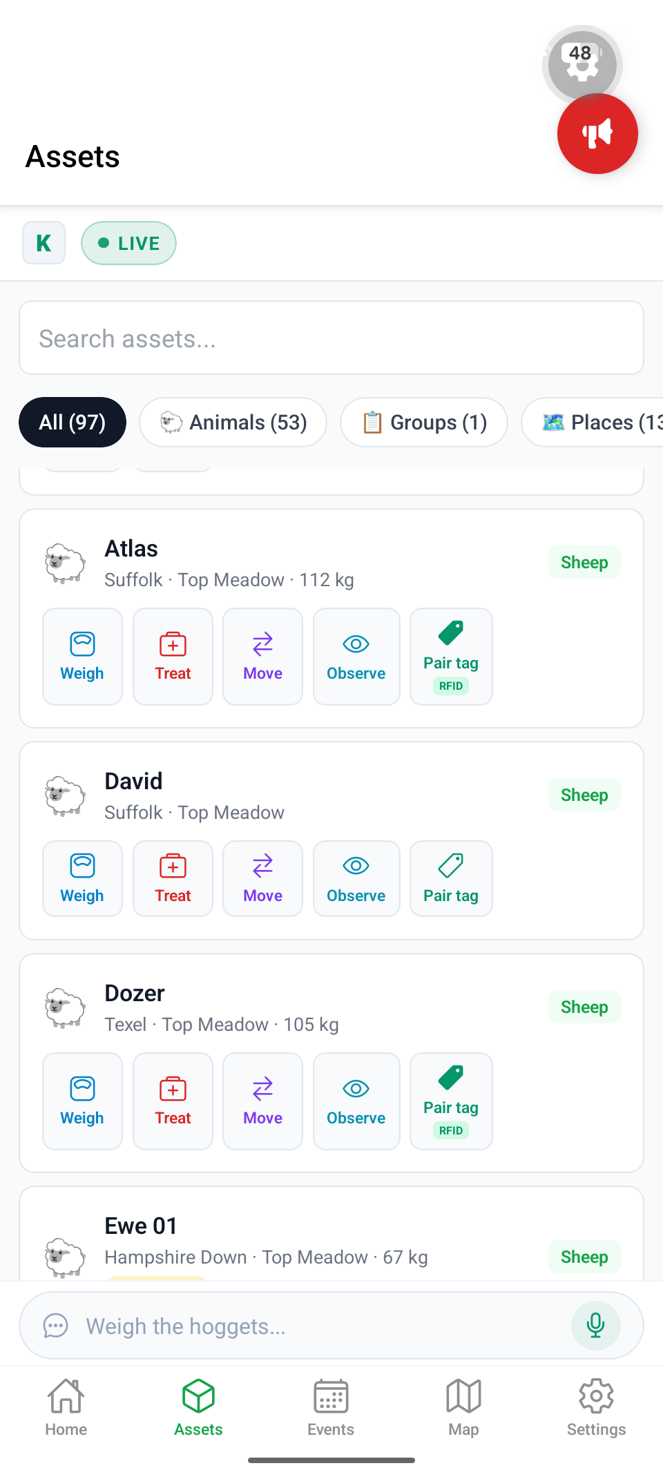 Asset list with quick actions