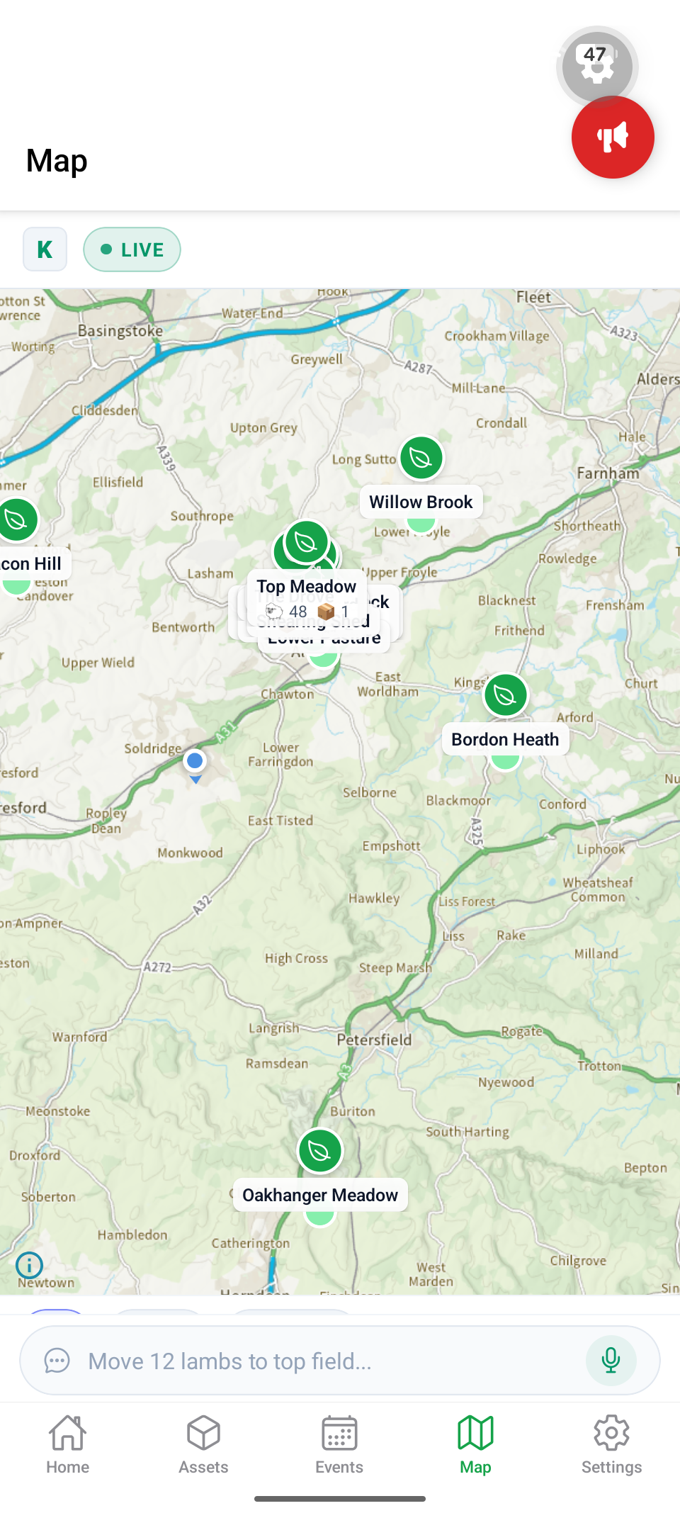 Map view showing paddocks and animals