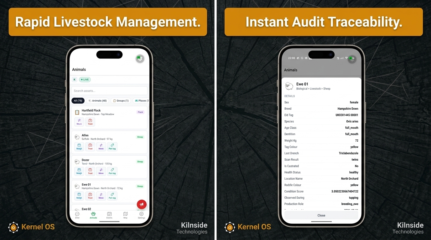 Kernel OS mobile app — livestock management and audit traceability